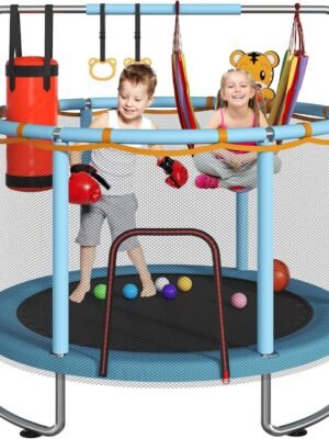 Kids’ Trampoline with Safety Net & Adjustable Gymnastics Bar